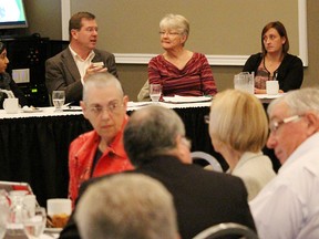 Panelists discuss sponsoring Syrian refugees at a SLEP-organized meeting at Lambton College's event centre Friday. From left are Fatima Haffejee, Sarnia Muslim Association, Dr. Valerian Marochko, London Cross Cultural Learner Centre, Daphne Murray, Lambton United Church Presbytery's refugee committee, Krista Gillespie, Sarnia Lambton YMCA, and Veronica Ceponis, a Canadian immigration lawyer. (Tyler Kula/Sarnia Observer/Postmedia Network)