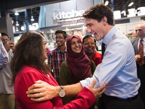 Liberal Leader Justin Trudeau greets supporters during a campaign event in Leaside on Friday, Oct. 9, 2015. (The Canadian Press)