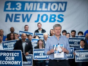 Conservative leader Stephen Harper holds a copy of his party's platform during a campaign stop in Richmond, B.C. Thursday, Oct. 9, 2015. THE CANADIAN PRESS/Jonathan Hayward