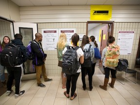 Students line up to cast ballots at an advance polling station that allows out-of-town voters to vote in their home ridings in the University Community Centre at Western University on Thursday. (CRAIG GLOVER, The London Free Press)
