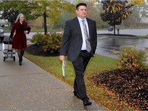 Luke Hendry/The Intelligencer
Suspended police constable Eric Shorey arrives at the Fairfield Inn and Suites in Belleville in the fall for his Police Services Act hearing. Shorey was told Friday he has seven days to enter his resignation from the local police force.