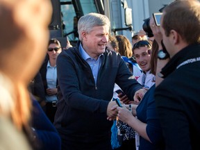 Conservative Leader Stephen Harper is greeted by supporters as he leaves after a campaign stop in Edmonton, Alta., on Wednesday, October 7, 2015. THE CANADIAN PRESS/Jason Franson