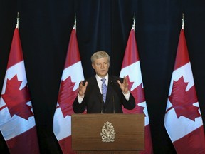 Canada's Prime Minister Stephen Harper speaks during a news conference on the Trans-Pacific Partnership (TPP) trade agreement in Ottawa, Canada October 5, 2015. REUTERS/Chris Wattie