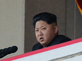 North Korean leader Kim Jong Un delivers remarks at a military parade in Pyongyang, North Korea, Saturday, Oct. 10, 2015. North Korean leader Kim Jong Un declared Saturday that his country was ready to stand up to any threat posed by the United States as he spoke at a lavish military parade to mark the 70th anniversary of the North's ruling party and trumpet his third-generation leadership. (AP Photo/Wong Maye-E)
