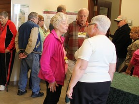 People wait in line Saturday to cast their votes at the advance polling station at Welland Community Wellness Complex. Pictured on Saturday October 10, 2015 in Welland, Ont. (Greg Furminger/Postmedia Network)