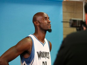 Minnesota Timberwolves forward Kevin Garnett poses for a photo during Timberwolves NBA media day in Minneapolis, Monday, Sept. 28, 2015. (AP Photo/Ann Heisenfelt)