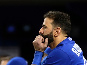 Jose Bautista of the Toronto Blue Jays reacts after losing to the Texas Rangers in the 14th inning during game 2 of the best-of-five American League Division Series at the Rogers Centre in Toronto, Ont. on Friday October 9, 2015. (Craig Robertson/Postmedia Network)