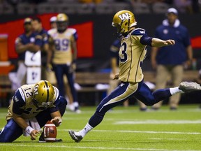 Castillo boots the field goal that won the game for the Bombers on Saturday. (REUTERS)