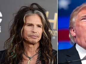 Aerosmith frontman Steven Tyler, left, is asking U.S. Republican presidential candidate Donald Trump to stop using the power ballad "Dream On" at campaign events. (AP file photos)