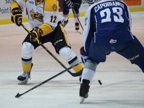 Sarnia Sting forward Brandon Lindberg attacks the Sudbury Wolves' zone with Wolves defenceman Kyle Capobianco impeding his progress during the Ontario Hockey League game at the Sarnia Sports and Entertainment Centre Sunday afternoon. The Sting won 3-2. Terry Bridge/Sarnia Observer/Postmedia Network