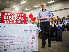 Canada's Prime Minister and Conservative leader Stephen Harper speaks at a campaign event at the Martin Family Fruit Farm in Waterloo, October 12, 2015.  Canadians will go to the polls for a federal election on October 19.  REUTERS/Mark Blinch