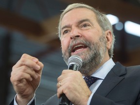 NDP leader Tom Mulcair speaks to supporters at a rally Oct. 12, 2015 in Maple Ridge, B.C. Tom Brodbeck says Canadian voters should look no further than Manitoba to see the outcome of electing an NDP government. (Ryan Remiorz, THE CANADIAN PRESS)