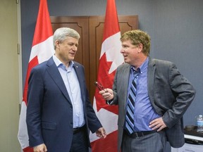 Conservative Leader Stephen Harper and Toronto Sun Columnist Joe Warmington (ERNEST DOROSZUK, Toronto Sun)