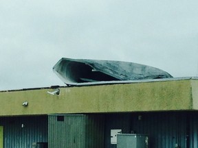 High winds destroyed the roof of a polling station in Elie Monday, Oct. 12, 2015. (Handout photo)