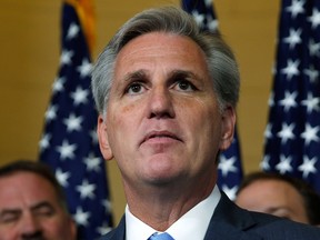 U.S. House Majority Leader Kevin McCarthy pauses while explaining his decision to pull out of a Republican caucus secret ballot vote to determine the nominee to replace retiring House Speaker John Boehner, on Capitol Hill in Washington, October 8, 2015. (REUTERS/Jonathan Ernst)