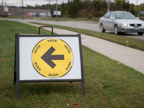 A sign directs voters to an advanced polling station at Youth For Christ on Adelaide Street in London, Ont. on October 9, 2015. (Craig Glover/The London Free Press/Postmedia Network)