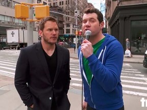 Chris Pratt, left, and comedian Billy Eichner took to the streets of NYC for the upcoming episode of his rapid-fire "Billy on the Street." (truTV/YouTube)