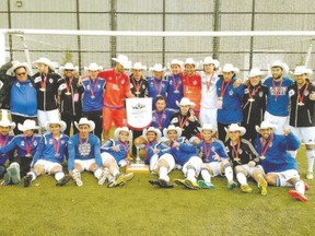 London Marconi players celebrate their second straight Canadian senior men?s soccer championship in Calgary on Monday. (Special to The Free Press)