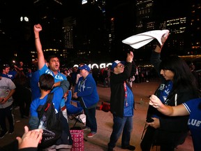 Happy Jays fans at the Bird's Nest at Nathan Phillips Square. (MICHAEL PEAKE, Toronto Sun file)