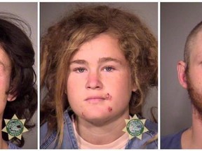 Multnomah County Sheriff's Office photos show the three suspects who were arrested October 7, 2015, in Portland, Ore., in the killings of Audrey Carey, a backpacker from Quebec who intended on traveling the United States and Europe, and Steve Carter, a tantra yoga teacher, on a hiking trail in Marin County, Calif. From left are Sean Michael Angold, 24; Lila Scott Allgood, 19; and Morrison Haze Lampley, 23. (THE CANADIAN PRESS/AP-HO, Multnomah County Sheriff's Office/Portland Police)