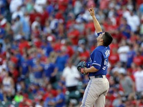 Toronto Blue Jays relief pitcher Roberto Osuna celebrates beating the Texas Rangers 8-4 at Game 4 of the American League Division Series in Arlington, Texas on Oct. 12, 2015. (AP Photo/LM Otero)