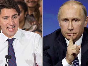 Liberal leader Justin Trudeau, left, and Russian President Vladimir Putin. (Canadian Press and Associated Press Photos)