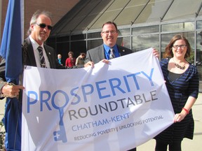 Prosperity Roundtable Chatham-Kent held a flag raising at the Chatham-Kent Civic Centre on Tuesday to mark Poverty Awareness Week, which runs from Oct. 12 to 18. From left are Mayor Randy Hope, Prosperity Roundtable chair Coun. Darrin Canniff and Prosperity Roundtable coordinator Kate do Forno.