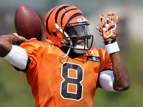 Cincinnati Bengals quarterback Josh Johnson participates in NFL football training camp in Cincinnati on Aug. 4, 2015. (AP Photo/John Minchillo)