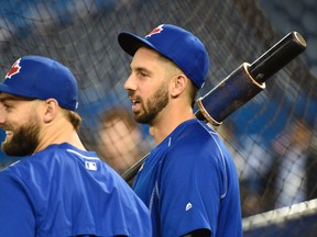 Toronto Blue Jays center field Kevin Pillar and Chris Colabello before Game 1 of the ALDS against the Texas Rangers at Rogers Centre in Toronto on Oct. 8, 2015. (Peter Llewellyn/USA TODAY Sports)