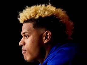 Toronto Blue Jays starting pitcher Marcus Stroman answers questions during a press conference ahead of Game 5 in the ALDS in Toronto Oct. 13, 2015. (THE CANADIAN PRESS/Nathan Denette)