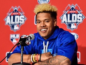 Toronto Blue Jays starting pitcher Marcus Stroman smiles during a press conference ahead of game five in the ALDS playoffs in Toronto on Tuesday, October 13, 2015. THE CANADIAN PRESS/Nathan Denette