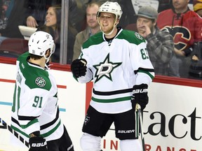 Ales Hemsky, shown here celebrating a goal late last season, is back playing after undergoing hip surgery in the off season. (USA TODAY SPORTS)