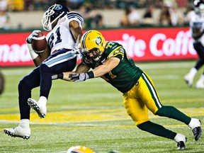 Eskimos LB JC Sherritt, shown here in August against the Argonauts, says there's no place the Esks would rather play a playoff game than in Commonwealth Stadium. (Codie McLachlan, Edmonton Sun)
