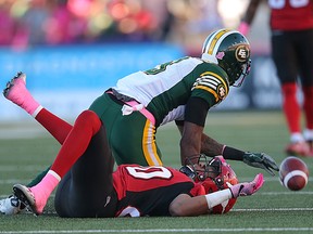 Patrick Watkins, shown here in Saturday's game against the Stampeders, leads the Eskimos in tackles this season. (Al Charest, Postmedia Network)
