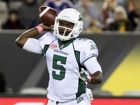 Roughriders QB Kevin Glenn makes a pass against the Tiger-Cats during the first half of their CFL game in Hamilton on Oct. 9, 2015. (Aaron Lynett/Reuters)