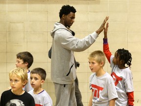 Minnesota Timberwolves star and Toronto native Andrew Wiggins takes greets young players at a Fit Clinic put on by NBA Canada and Bell  at the Taggart Family YMCA-YWCA on Tuesday, Oct. 13 2015. (Chris Hofley/Ottawa Sun)