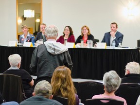John Hancock asks candidates about their stance on MPs vacating their position before the end of their term during the candidate forum in Pincher Creek on Oct. 8, 2015. John Stoesser photos/Pincher Creek Echo.