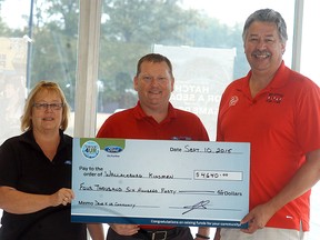 Progressive Ford's Terri Lynn Bechard, left, and Jered Sweet, present Wallaceburg Kinsmen's Mike Vandenberg with $4,640 from the service club's participation in the Drive 4UR Community event held last month. The program is hosted by local Ford dealerships and benefits local organizations. Ford of Canada and local Ford Dealers partner up to host a charity test drive. Each household can count for one test drive and earn $20 towards the community organization.