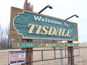 The sign welcoming visitors and residents to Tisdale, Sask., the land of rape and honey. The community's slogan has been called into question lately.Greg Wiseman/Melfort Journal/Postmedia Network