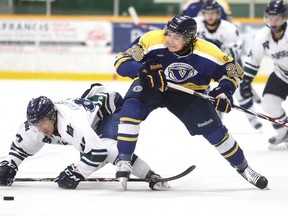 Laurentian Voyageurs Blake Forslund fights for the puck with Nipissing Lakers Colin Campbell OUA men's hockey action in Sudbury, Ont. on Wednesday October 14, 2015.