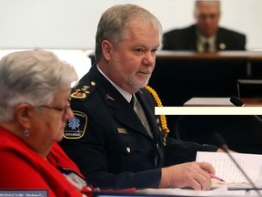 Acting Chief John O'Donnell speaks to the Hastings-Quinte Emergency Services Committee in Belleville, Ont. Thursday, Oct. 11, 2014.At left is chairwoman Bernice Jenkins, mayor of Bancroft. 

Luke Hendry/Belleville Intelligencer/Postmedia Network