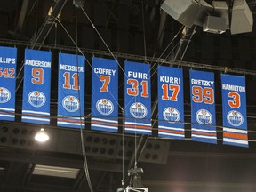 On Dec. 11 Glen Sather's banner will join these, as the Oilers host the New York Rangers. (Ian Kucerak, Edmonton Sun)
