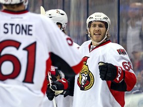 Oct 14, 2015; Columbus, OH, USA; Ottawa Senators left wing Mike Hoffman (68) reacts to scoring a goal in the third period against the Columbus Blue Jackets at Nationwide Arena. The Senators won 7-3. Mandatory Credit: Aaron Doster-USA TODAY Sports