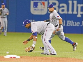 Rangers shortstop Elvis Andrus can’t come up with Russell Martin’s slow roller up the middle in the seventh inning last night. The Rangers would make errors on the next two Jays batters, as well, to pave the way for Toronto’s four-run rally. (STAN BEHAL, Toronto Sun)