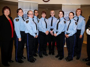 Greater Sudbury Police Chief Paul Pedersenand board chair Frances Caldarelli introduce eight new community safety personnel on Wednesday, October 14, 2015. The personnel are Dana Daoust, Lise Perreault, Ashley Laberge, Leticia Pileggi, Julie Sajatovic, Samantha Gaudette, Lisa Jensen and Roxanne Sauve. Gino Donato/Sudbury Star/Postmedia Network