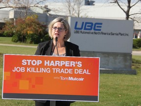 Ontario NDP leader Andrea Horwath addresses media outside the former UBE Automotive plant on Thursday October 15, 2015 in Sarnia, Ont. Horwath swung through the bellwether riding Thursday, rallying voters to help Sarnia-Lambton NDP candidate Jason McMichael secure one of 35 new seats the federal NDP needs to defeat the Conservatives. Barbara Simpson/Sarnia Observer/Postmedia Network