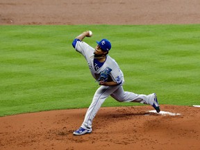 Kansas City Royals starting pitcher Edinson Volquez throws against the Houston Astros in game three of the ALDS at Minute Maid Park. (Thomas B. Shea/USA TODAY Sports)