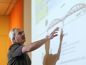 LUKE HENDRY/THE INTELLIGENCER
Engineering manager Ray Ford outlines the second of four designs for the Catharine Street foot bridge in Belleville. The public may vote on the options through Oct. 30.