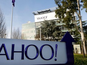 This Jan. 14, 2015 photo shows a sign outside Yahoo's headquarters in Sunnyvale, Calif.  (AP Photo/Marcio Jose Sanchez)