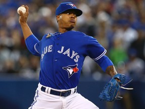 Blue Jays starter Marcus Stroman delivers a pitch against the Rangers in Game 5 of the AL Division Series in Toronto on Wednesday, Oct. 14, 2015. (Dave Abel/Toronto Sun)